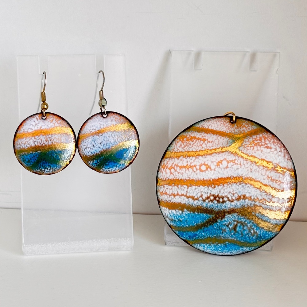 Vintage Enamel on Copper Jewelry Set Abstract Blue Gold White Earrings Pendant